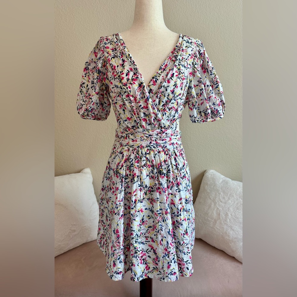 French Connection Flores Cotton Side Cutout Mini Dress 4 White Pink Ditzy Floral